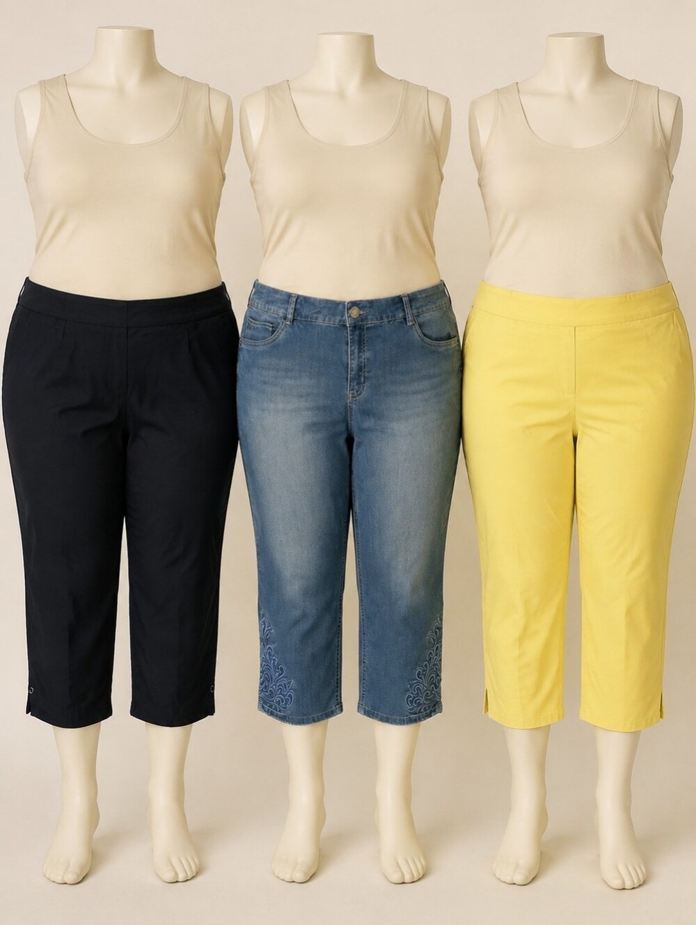 Womens Plus Size LOT.  3-Pack Capris - Navy Slack Capri, Denim Blue & Lime Green